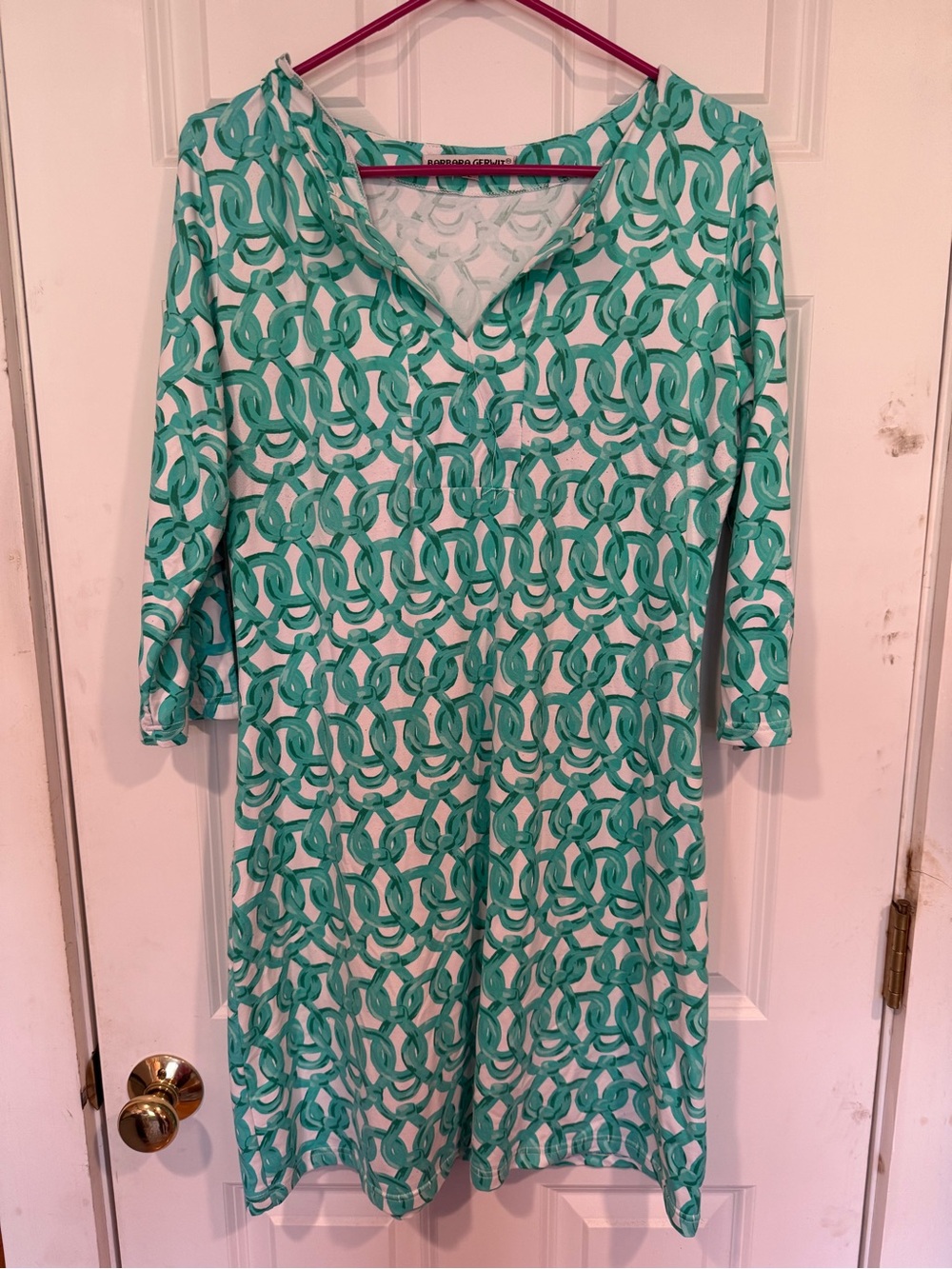 Aqua Link-Print V-Neck Midi Dress